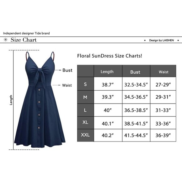 🆕Women Navy Floral Beach Sundress V Neck Cotton Tie Knot Summer Dress w/ Pocket - Picture 6 of 6